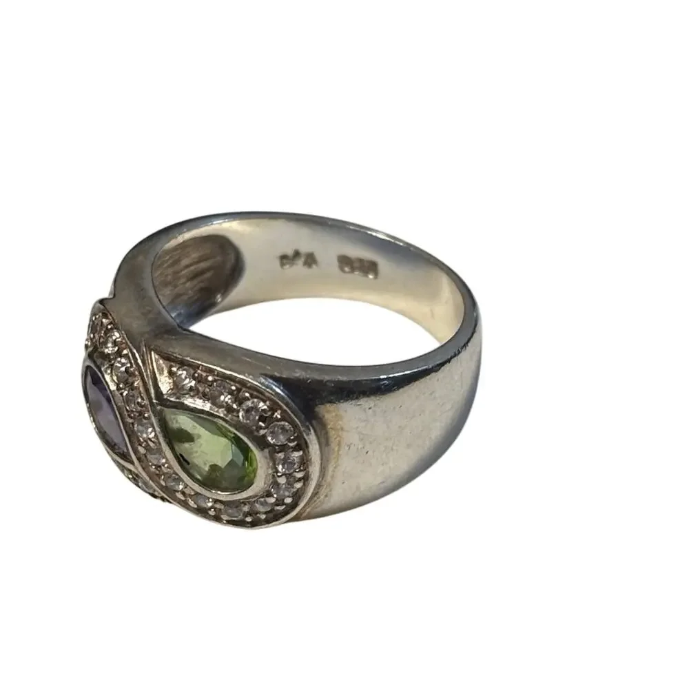 Beautiful Women’s 925 Silver green and purple gemstone ring size 8